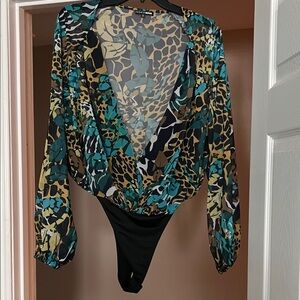 Fashion Nova Teal and Leopard Print Bodysuit
